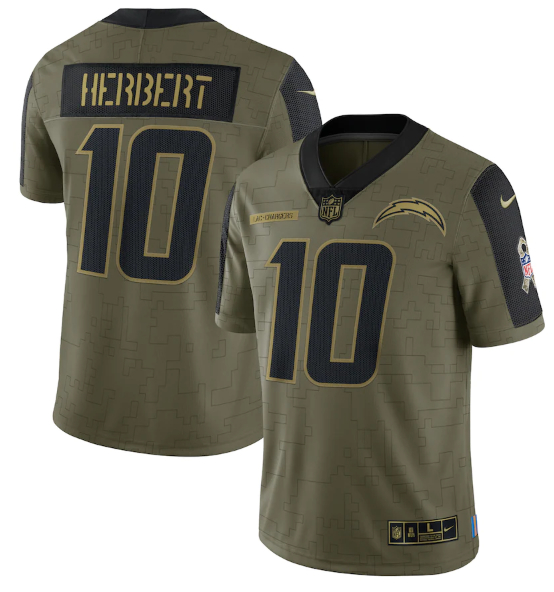 Men's Los Angeles Chargers #10 Justin Herbert 2021 Olive Salute To Service Limited Stitched Jersey Men's Los Angeles Chargers #10 Justin Herbert 2021 Olive Salute To Service Limited Stitched Jersey